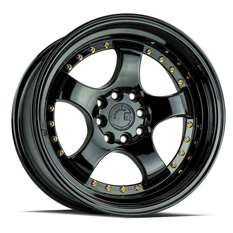 Aodhan AH03 16″ 4×100/114.3 Full Gloss Black (Gold Rivet)