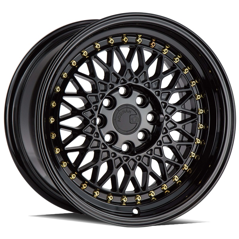 Aodhan AH05 16″ 4×100/114.3 Full Gloss Black (Gold Rivet)